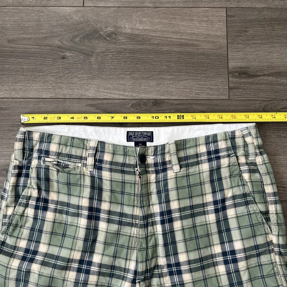 Polo Jeans Company Mens Sz 34 Plaid Shorts Green Blue Cream